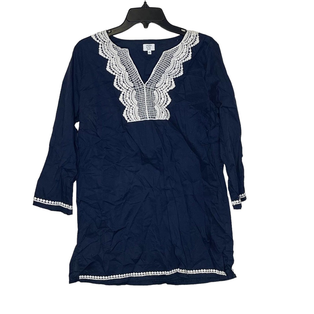 Crown & Ivy Beach V-Neck Tunic Top Crochet Trim 3/4 Sleeve Women Medium
